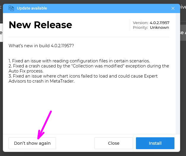 New Release ダイアログの Don't show again