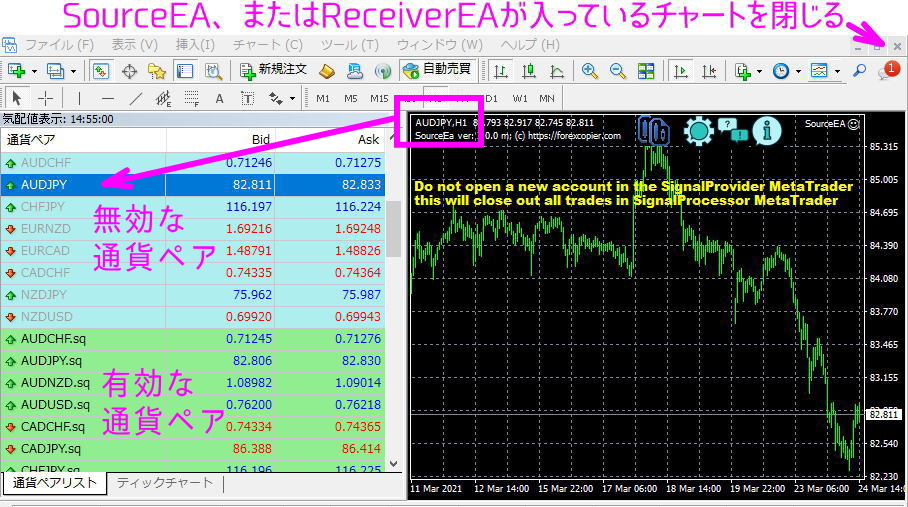 無効な通貨ペアはグレー表示