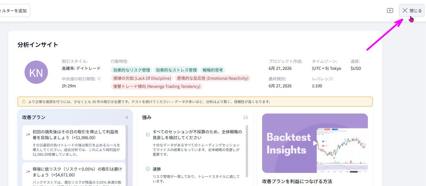 分析ページが開く。右上の「閉じる」で閉じる