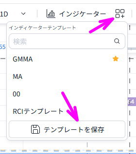 インジケーターの隣のボタンから「テンプレートを保存」をクリック